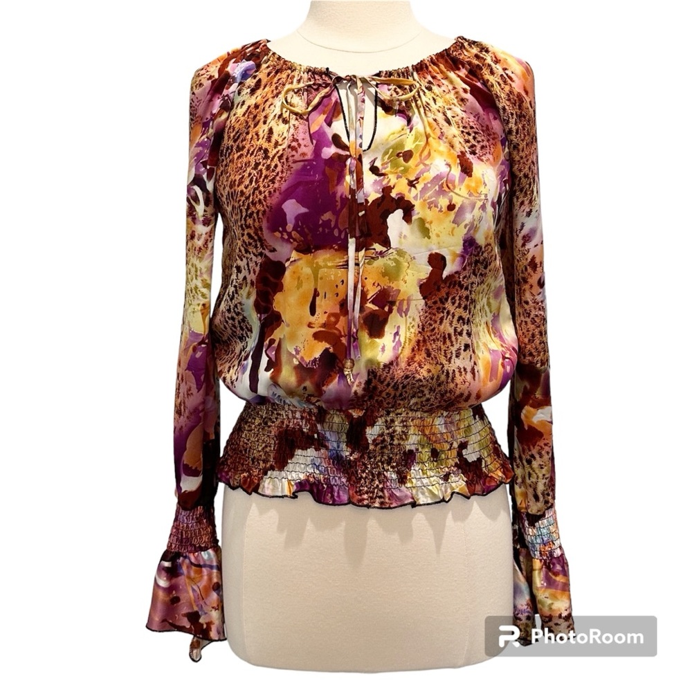 Cache 100% Silk Abstract Leopard Print Peasant Bl… - image 1